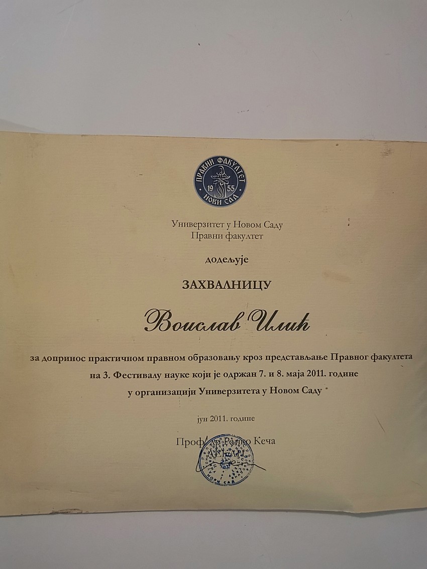 Zahvalnica od strane Pravnog fakulteta