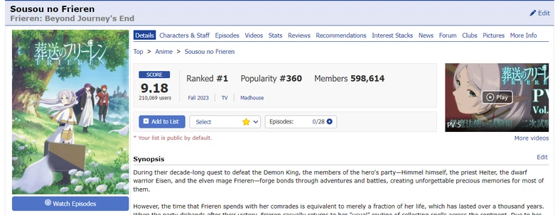 Frieren: Beyond Journey's End na pierwszym miejscu w rankingu My Anime List