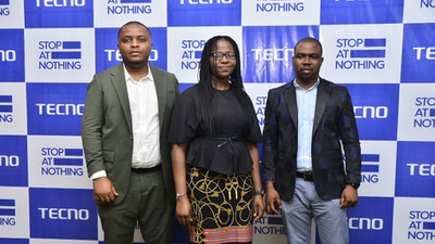 L-R: Chinma Banksharon-Nwaneri, Senior Marketing Manager, TECNO Nigeria; Thompson Ani, Marketing Manager; and Damilare Omotimehin, Marketing Supervisor during the TECNO media parley in Lagos on July 4, 2023