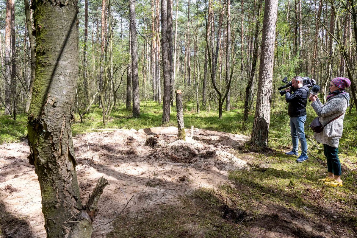 .Przedstawiciele mediów w miejscu znalezienia szczątków niezidentyfikowanego obiektu wojskowego w lesie w okolicach miejscowości Zamość k. Bydgoszczy