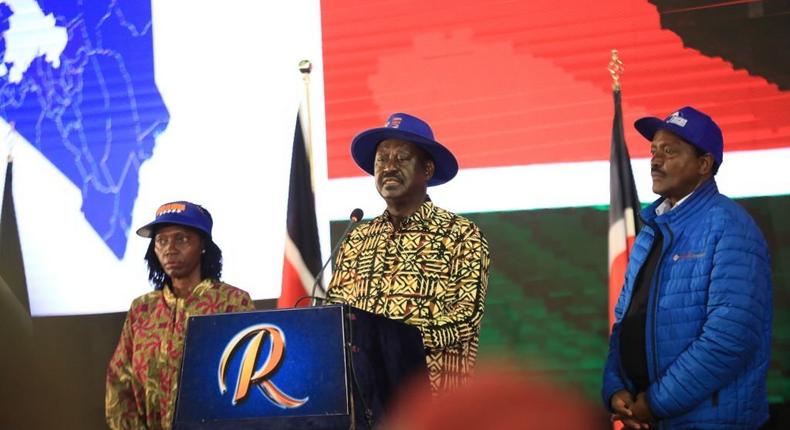 NAIROBI, KENYA - 2022/08/16: Azimio la Umoja One Kenya coalition presidential candidate Raila Odinga (C) alongside his running mate Martha Karua (L) and former Kenya's vice president Kalonzo Muysoka (R) speaks during a press conference at KICC buildings. (Photo by John Ochieng/SOPA Images/LightRocket via Getty Images)