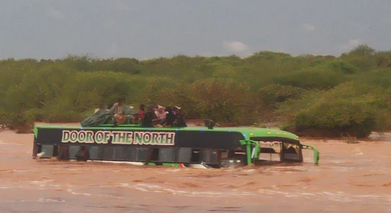 Passengers aboard a Nairobi-bound bus had their journey cut short after the vehicle was submerged in flood waters in Tula area along the Garissa- Mwingi road on Tuesday morning.