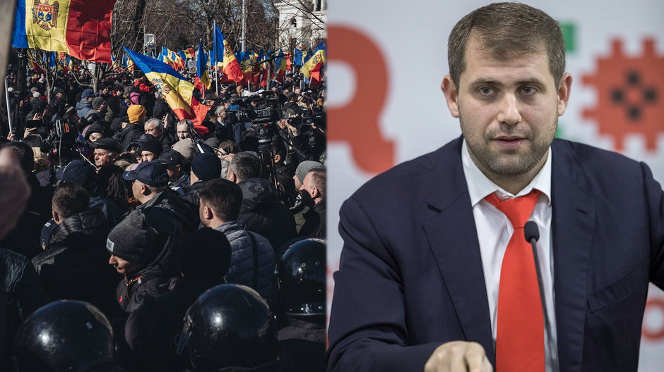 Po lewej tysiące ludzi gromadzą się na antyrządowych protestach w stolicy Mołdawii, Kiszyniowie, w związku z rosnącymi kosztami utrzymania, 12 marca 2023 r. Po prawej Ilan Shor, lider partii Shor, podczas briefingu dotyczącego podsumowania kampanii wyborczej w siedzibie partii w Kiszyniowie, 22 lutego 2019 r.
