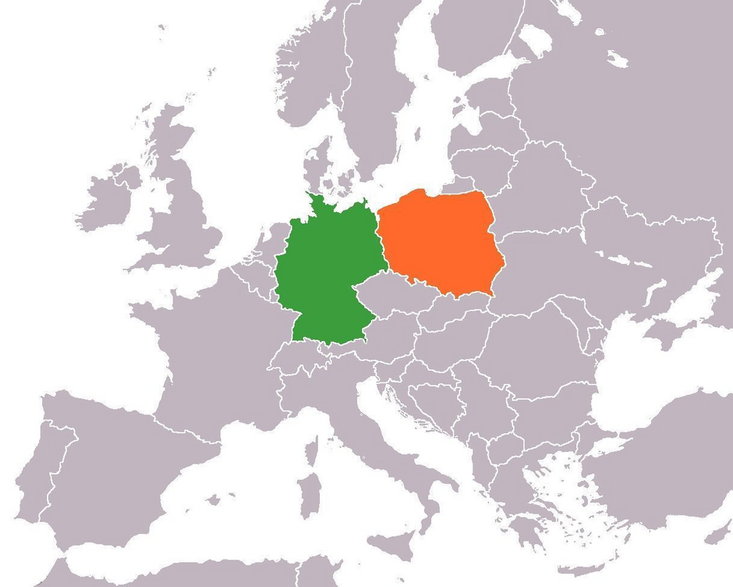 Polska i Niemcy na mapie Europy (domena publiczna)