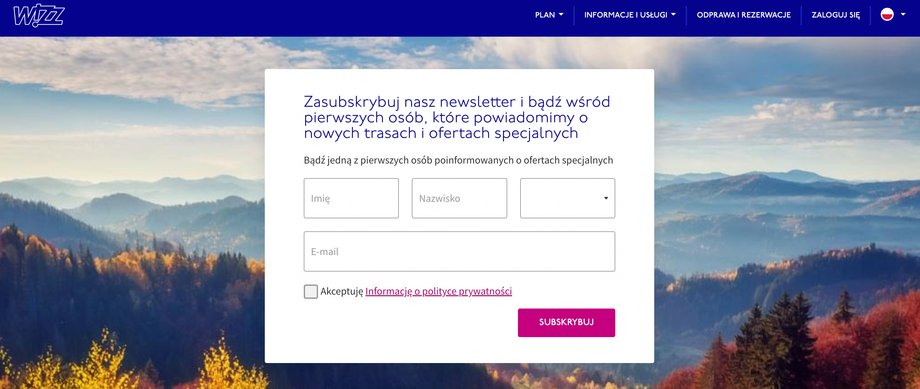 Do newslettera linii lotniczej Wizz Air można zapisać się na stronie internetowej