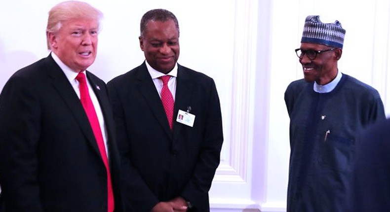 President Muhammadu Buhari (right) with US President, Donald Trump (left) with Minister for Foreign Affairs, Geoffrey Onyeama (middle)