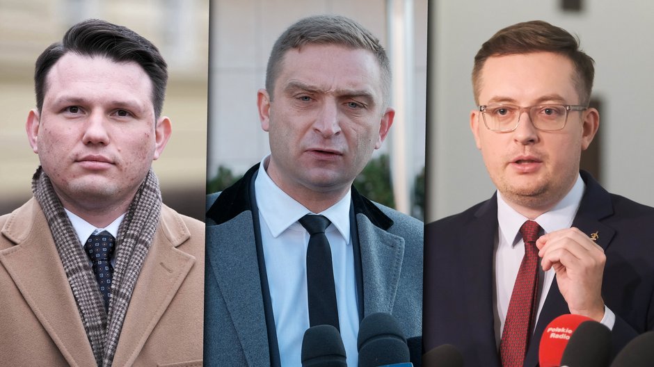 Na zdjęciu od lewej: Sławomir Mentzen, prezes Stowarzyszenia Marsz Niepodległości Robert Bąkiewicz i poseł Konfederacji Robert Winnicki