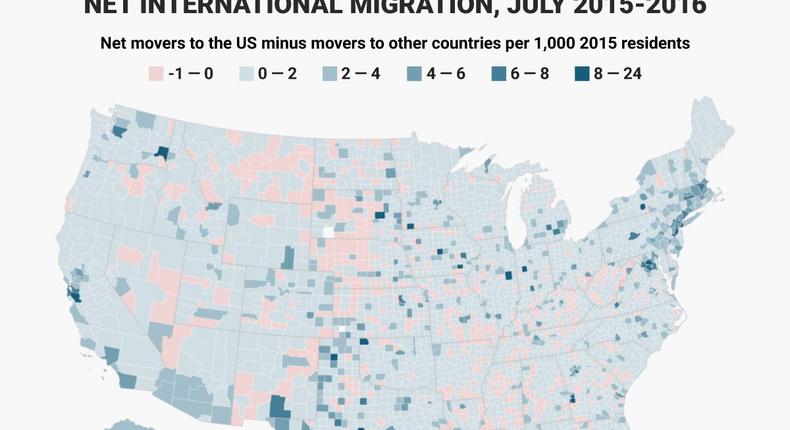 America is a country of immigrants. This map shows the counties that had the highest rate of people moving in from other countries between 2015 and 2016.
