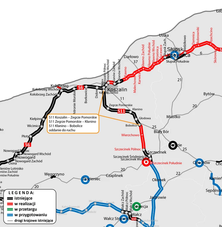 Mapa drogi ekspresowej S11 Koszalin — Bobolice