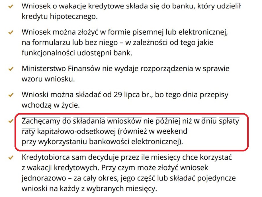 Przewodnika Ministerstwa Finansów po wakacjach kredytowych po zmianie, w której resort przyznaje, że wniosek można składać także w dzień płatności raty