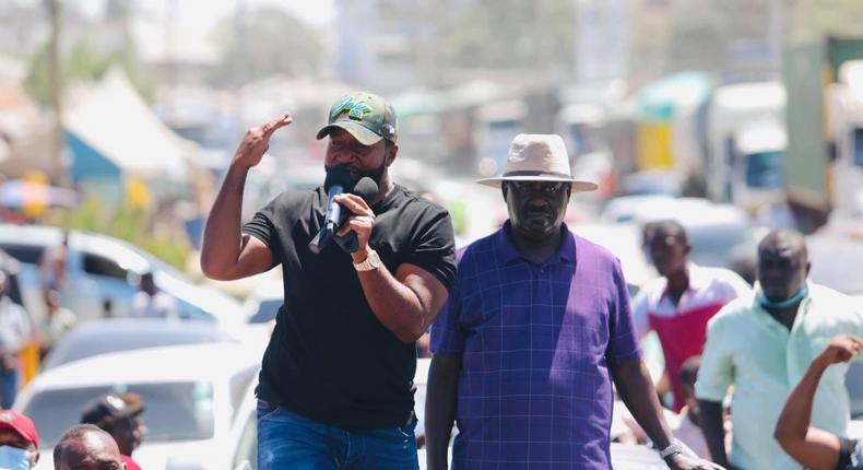 File image of Mombasa Governor Hassan Joho and ODM leader Raila Odinga on the campaign trail