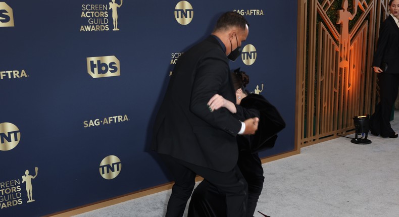 Selena Gomez's fell after her heel broke at the 2022 SAG Awards.Jay L. Clendenin/ Dimitrios Kambouris/Getty Images