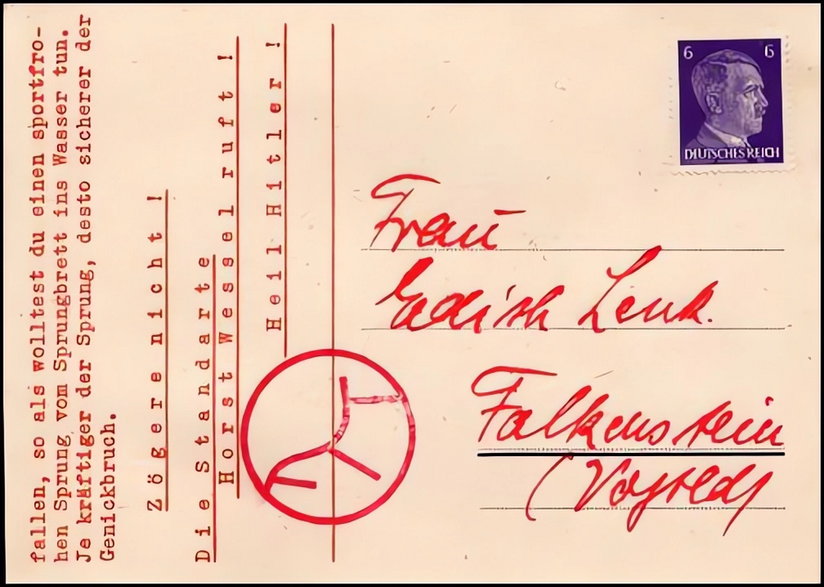 Pocztówka wysłana w operacji Periwig, nawołująca nazistów do samobójstwa