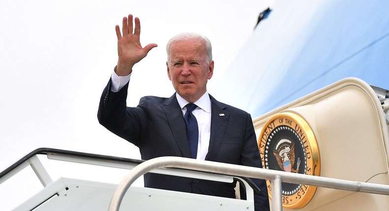 President Joe Biden boards Air Force One before departing from Tulsa International Airport in Tulsa, Oklahoma, on June 1, 2021.
