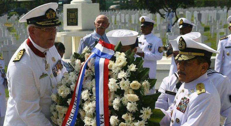 The Dutch and Indonesian naval commanders laid a wreath during a 2014 ceremony to commemorate the 1150 sailors who died in the Battle of the Java Sea in 1942