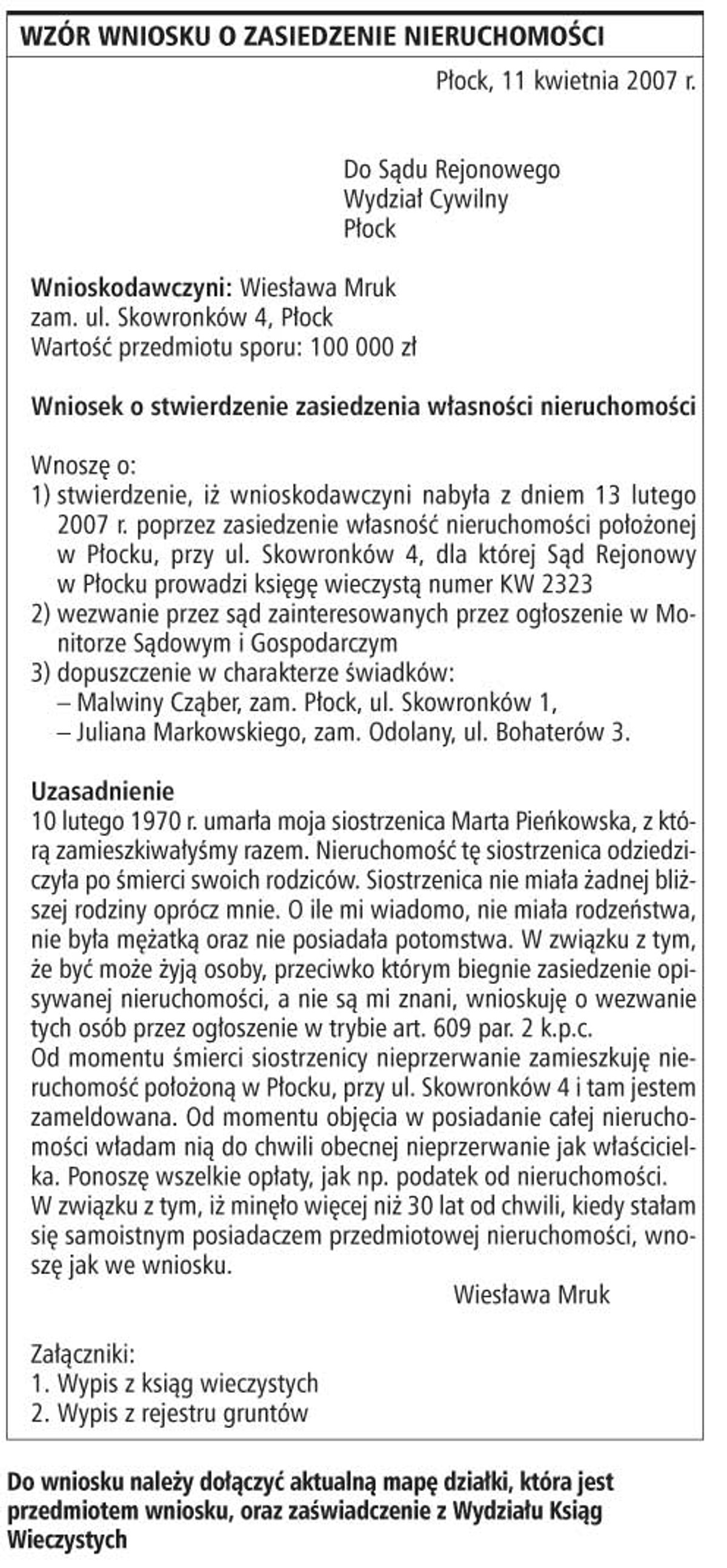Wzór wniosku o zasiedzenie nieruchomości