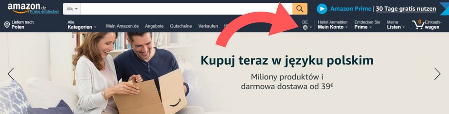 Jeśli po wejściu na stronę Amazon.de serwis będzie widoczny w języku niemieckim, to w zaznaczonym na obrazku miejscu będziesz mógł zmienić język na polski.