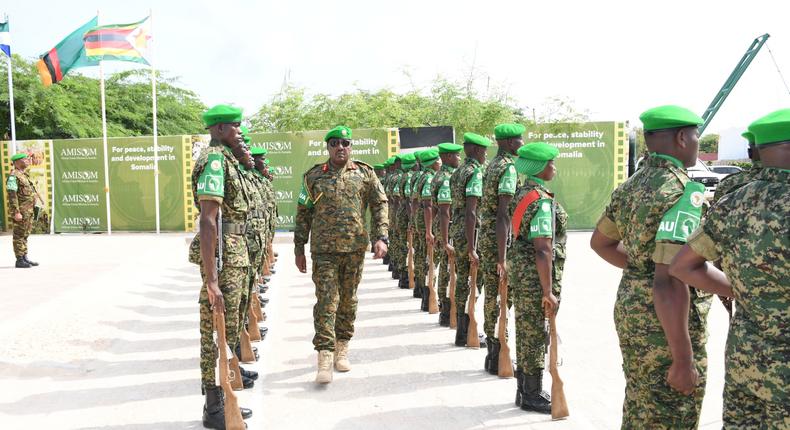 Lt. Gen. Sam Kavuma was accorded a guard of honour by UPDF troops at the ATMIS headquarters