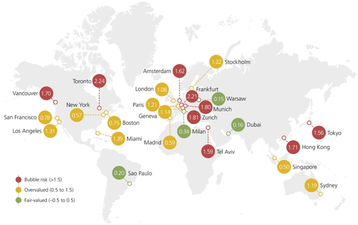 Ryzyko bańki mieszkaniowej w 25 miastach. UBS Global Real Estate Bubble Index 2022
