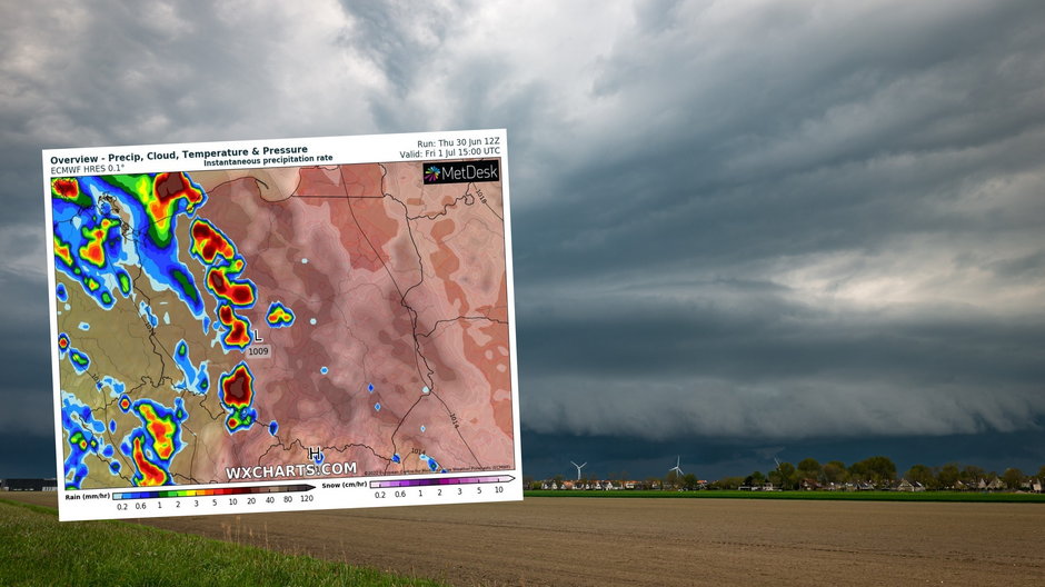 Chmura w kształcie wału może dziś pojawić się w wielu regionach (mapa: wxcharts.com)