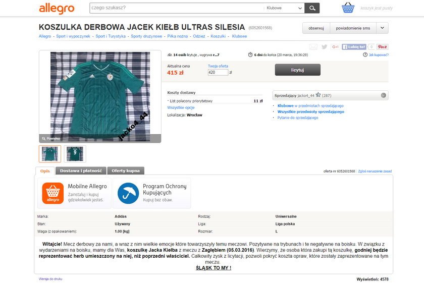 Kibice Śląska sprzedają koszulkę Jacka Kiełba
