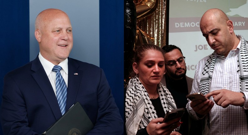 Biden campaign co-chair Mitch Landrieu (left) and the leaders of the Listen to Michigan campaign (right).Anna Moneymaker/Getty Images; Jeff Kowalsky/AFP via Getty Images