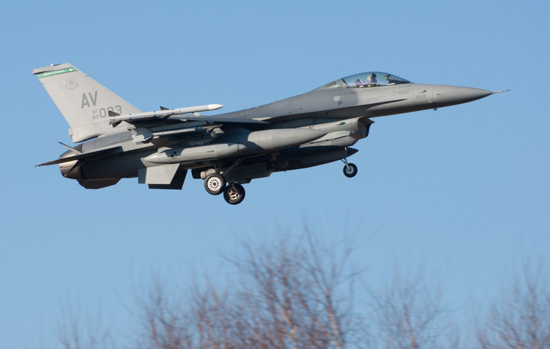 W bazie lotniczej w Łasku wylądowały pierwsze samoloty F-16 (4). Łask, 13.03.2014. Źródło: PAP/Grzegorz Michałowski