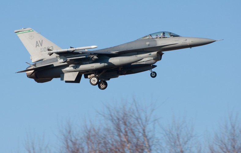 W bazie lotniczej w Łasku wylądowały pierwsze samoloty F-16 (4). Łask, 13.03.2014. Źródło: PAP/Grzegorz Michałowski