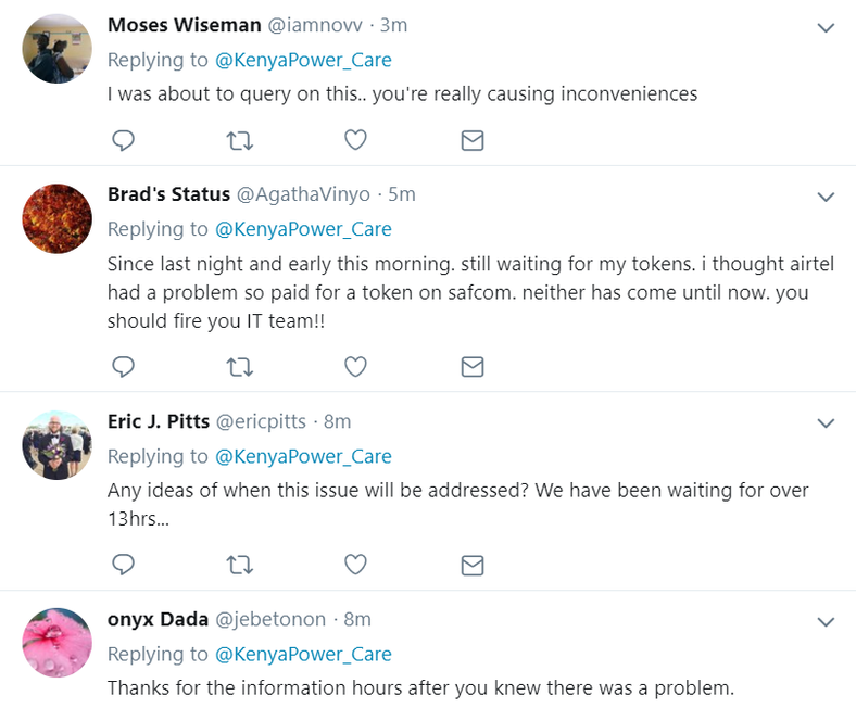 Comments shared on Kenya Power's deleted statement on tokens delay (Twitter) 