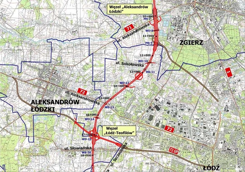 S14 w rejonie Aleksandrowa Łódzkiego i Zgierza