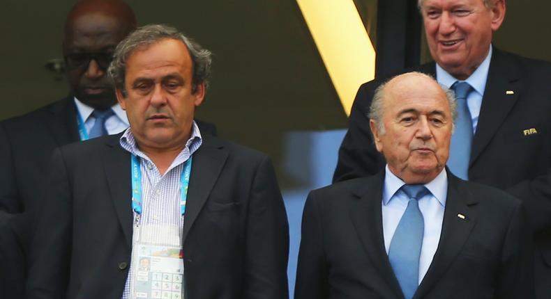 Sepp Blatter (R) and Michel Platini (L) in 2015, banned for 8 years by FIFA Ethics Committee following a corruption scandal.