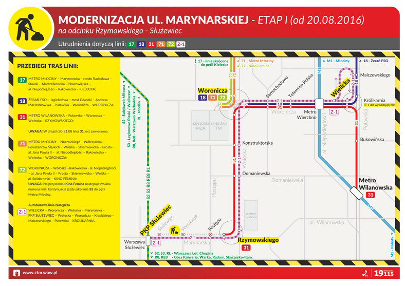 Schemat zmian w komunikacji miejskiej w czasie przebudowy Marynarskiej