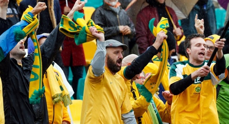 Australian fans cheer for their team during the FIFA 2018 World Cup qualifier match against Iraq, at Shahid Dastgerdi Stadium in Tehran, in March 2017