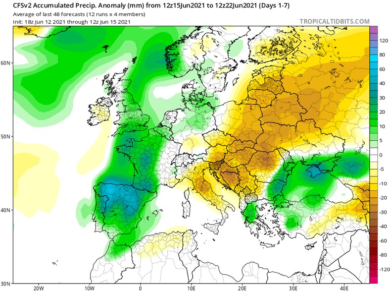 Prognozowana anomalia opadów w Europie (15-22.06)