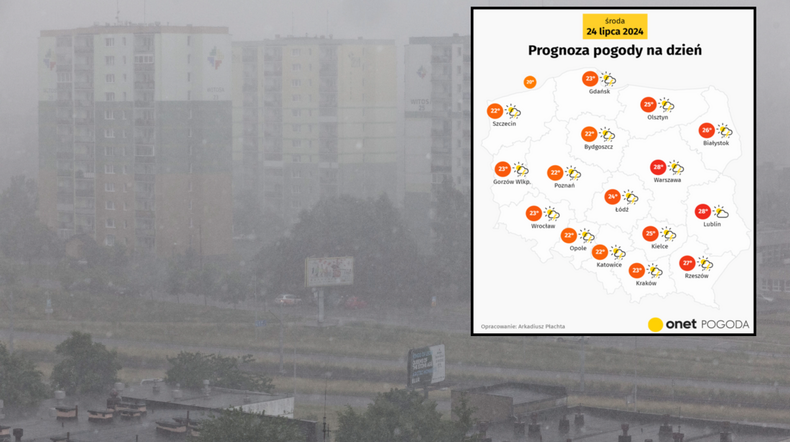 W środę czekają nas opady i burze, ale będą też chwile ze słońcem (mapa: Onet Pogoda)