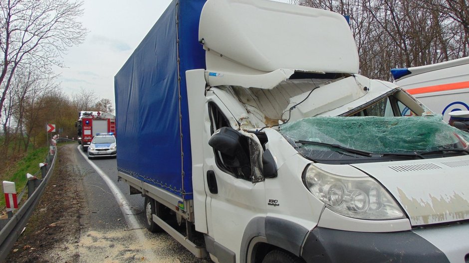 Konar drzewa spadł na jadące auto dostawcze fot. OSP Kwilcz