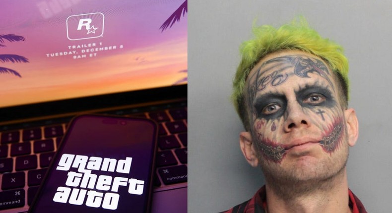 A cell phone with the Grand Theft Auto logo (left), and a mugshot of Lawrence Sullivan.Getty Images, Associated Press