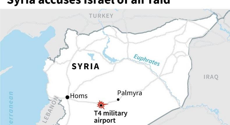 Map of Syria locating the T4 military airport, damaged by an aerial attack carried out by Israel, Syria's state news agency said.