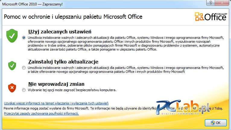 MS Office 2010 – ujednolicone okno wstępnych ustawień (kliknij, aby powiększyć)