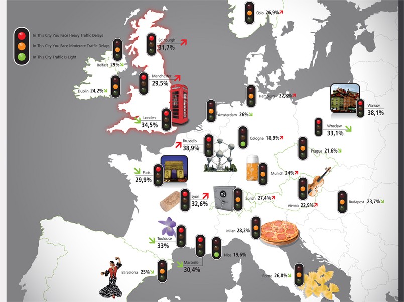 Mapa zakorkowanych miast Europy