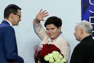 Mateusz Morawiecki, Beata Szydło i Jarosław Kaczyński podczas wieczoru wyborczego PiS na Nowogrodzkiej. 26.05.2019 r.