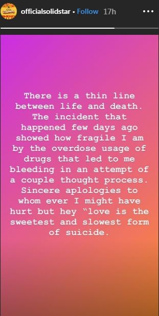 Solidstar is presently thanking his lucky stars after narrowly escaping death over drug overdose. [Instagram/SolidStar]