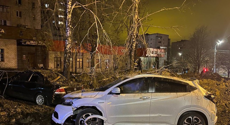 A view of the damaged cars after a Russian warplane accidentally dropped a bomb on the city of Belgorod near the Ukrainian border.Belgorod Region Governorate / Handout/Anadolu Agency via Getty Images