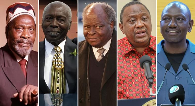 From left: Jomo Kenyatta, Daniel Arap Moi, Mwai Kibaki, Uhuru Kenyatta and William Ruto