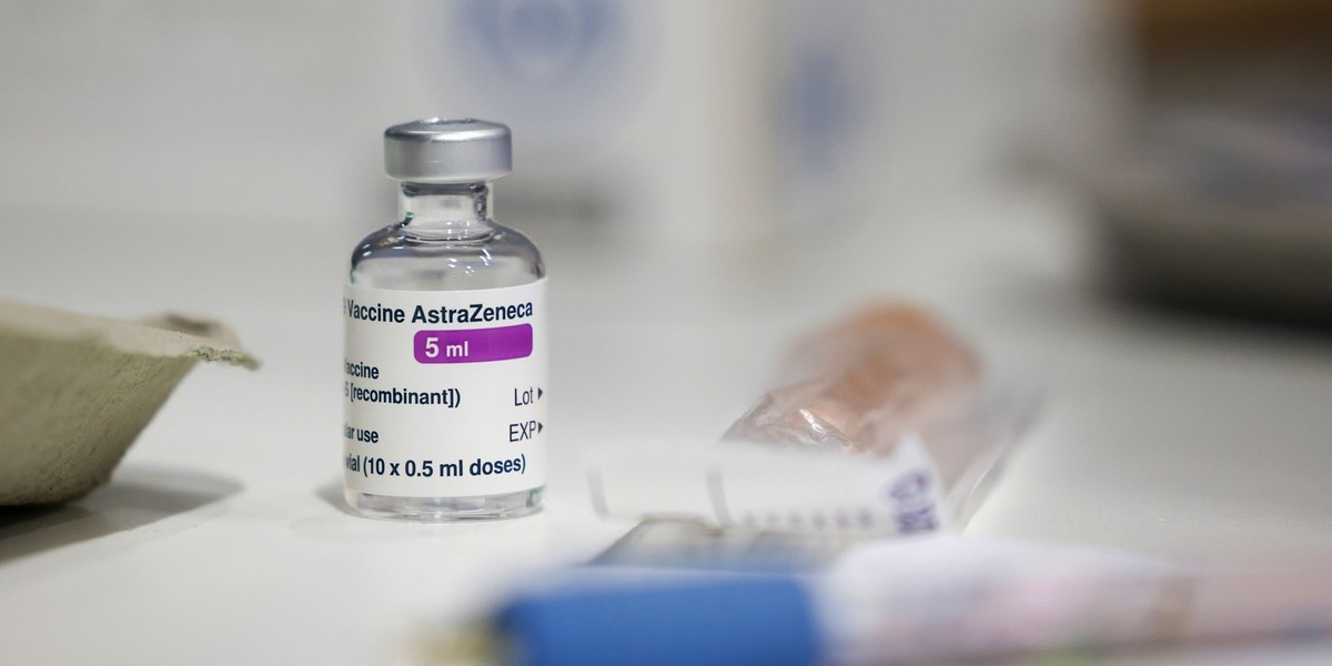 FILE PHOTO: Vials labelled "Astra Zeneca COVID-19 Coronavirus Vaccine" and a syringe are seen in fro