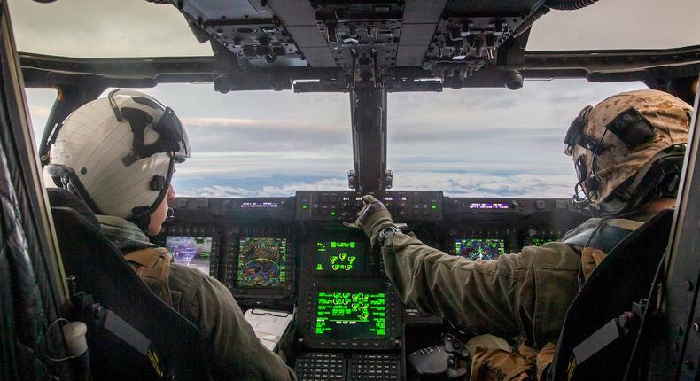 US Marine Corps pilots fly a MV-22B Osprey during Exercise Trident Juncture near northern Norway, November 6, 2018.