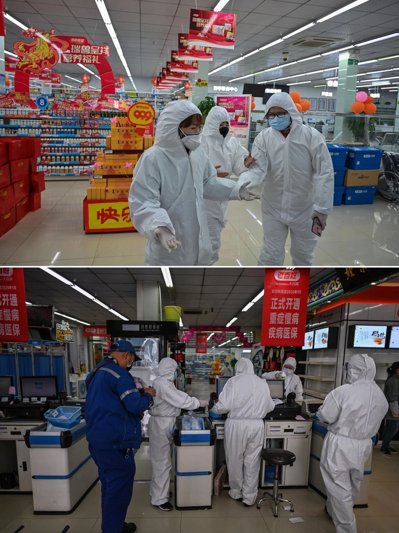 Vuhan nekad i sad (gore: 25. januar, dole: 30. mart) - apoteka