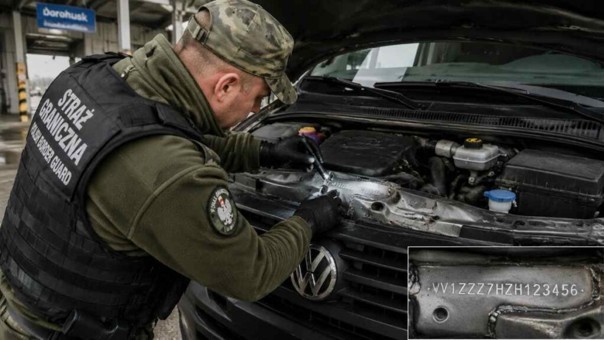 Detailný pohľad poľského pohraničníka, ktorý počas kontroly na priechode Dorohusk skúma pole VIN čísla na motorovom priestore Volkswagenu Transporter v hodnote 45-tisíc zlotých – zadržané auto putovalo na Ukrajinu s falšovanými identifikačnými údajmi a prerobeným typovým štítkom, pričom kontrola odhalila stopy po zvarovaní a nerovnostiach v hĺbke nábojov. 