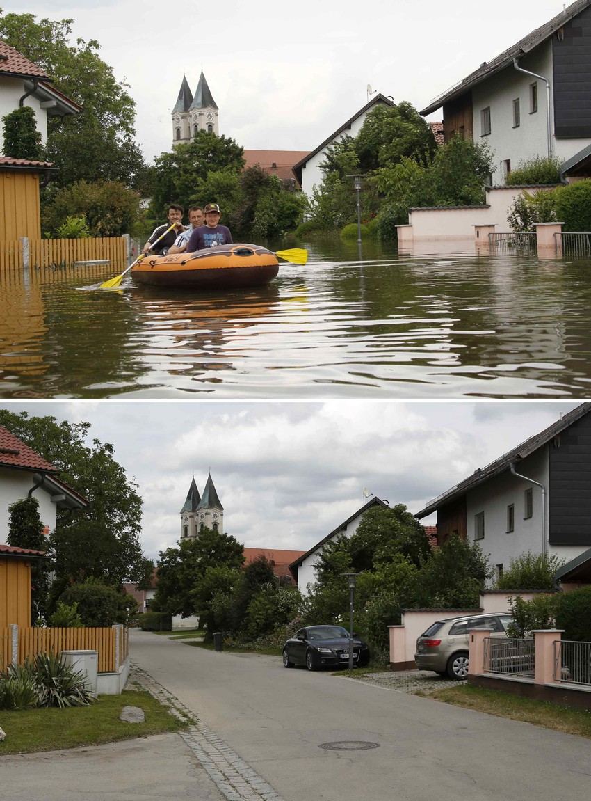 Gornja fotografija: Čamac na poplavljenoj ulici u selu Nideraltajh kod Degendorfa, snimljen 6. juna. Donja fotografija: Isto mesto snimljeno 23. juna