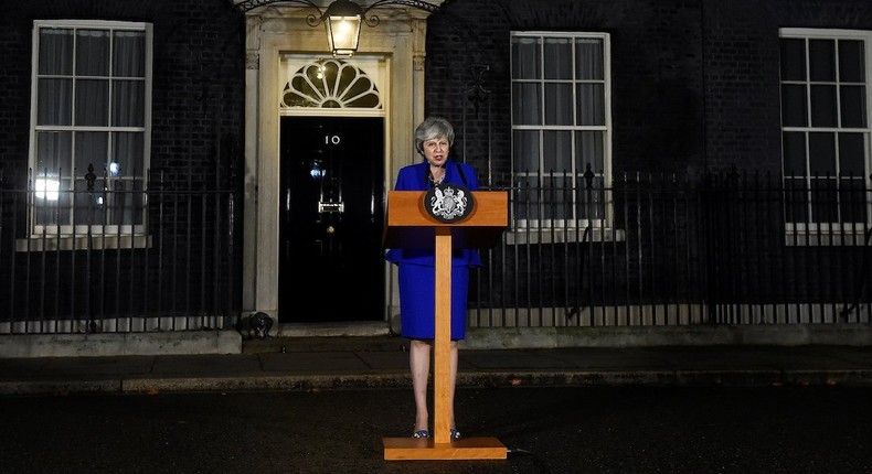 Britain's Prime Minister Theresa May makes a statement following winning a confidence vote, after Parliament rejected her Brexit deal, outside 10 Downing Street in London, Britain, January 16, 2019.